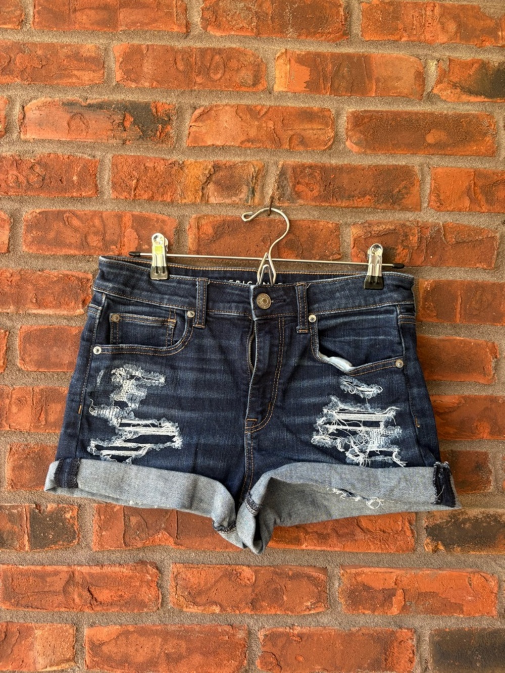 American Eagle Outfitters Dark Blue Distressed Roll-Cuff Denim Shorts